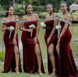 Roycebridal Mermaid Burgundy Velvet Bridesmaid Dresses Off the Shoulder Beaded Dress