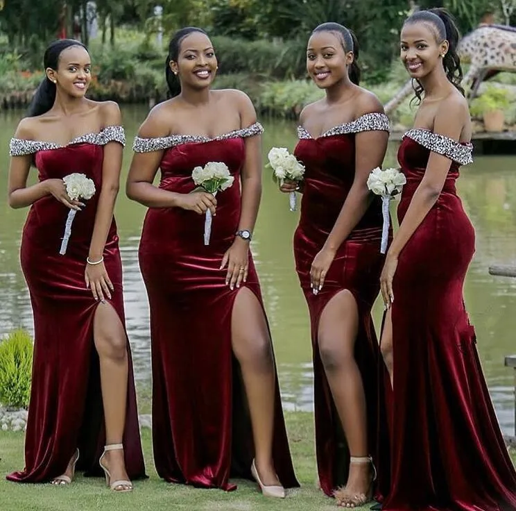 Roycebridal Mermaid Burgundy Velvet Bridesmaid Dresses Off the Shoulder Beaded Dress