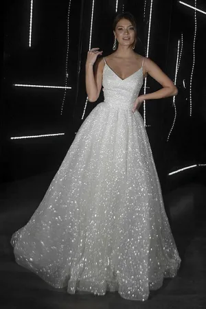 Roycebridal Sparkly A-line V-neck Spaghetti Straps Wedding Dresses, Bridal Gowns, MW688