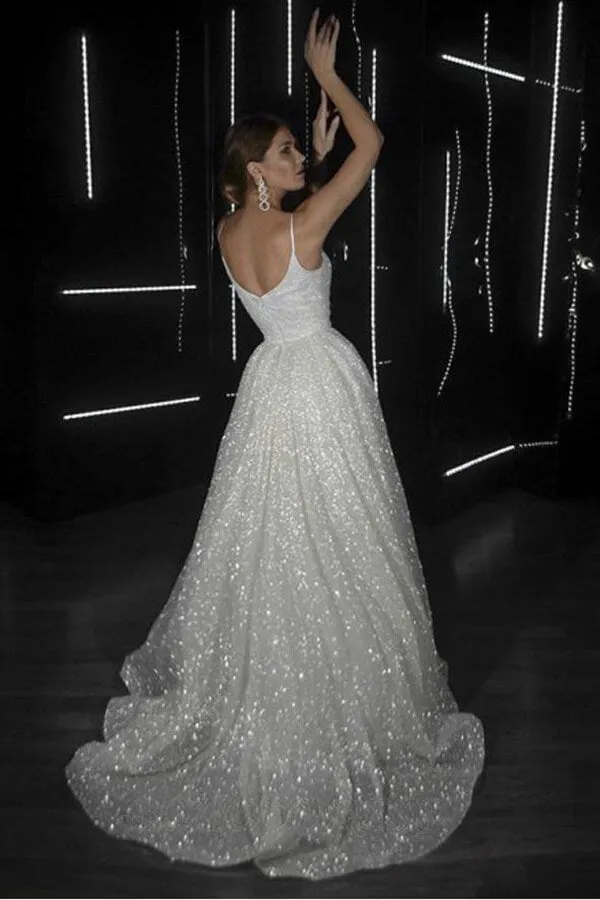Roycebridal Sparkly A-line V-neck Spaghetti Straps Wedding Dresses, Bridal Gowns, MW688