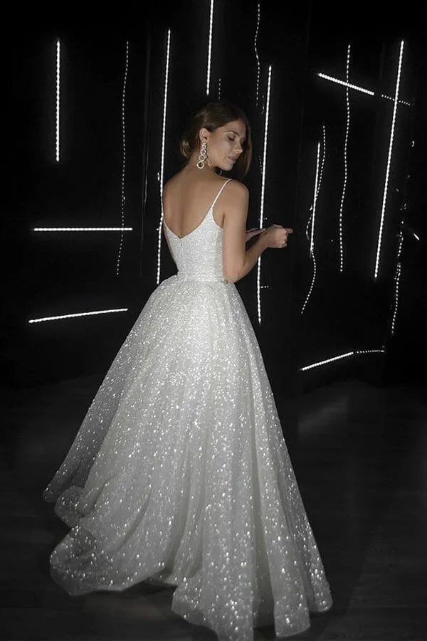 Roycebridal Sparkly A-line V-neck Spaghetti Straps Wedding Dresses, Bridal Gowns, MW688