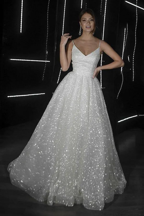 Roycebridal Sparkly A-line V-neck Spaghetti Straps Wedding Dresses, Bridal Gowns, MW688