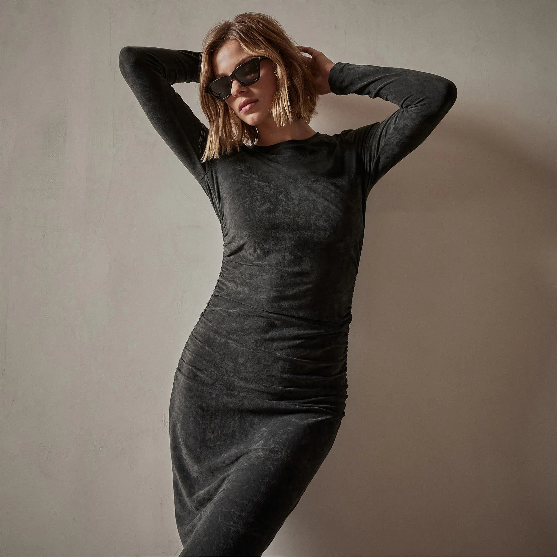 Ruched Velvet Long Sleeve Dress - Carbon