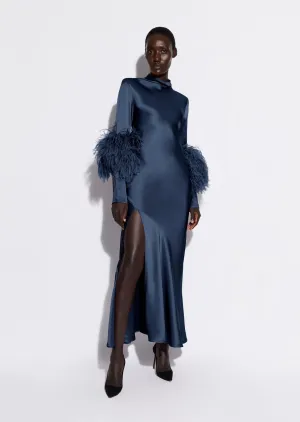 Satin Bias Feather Dress With Slit