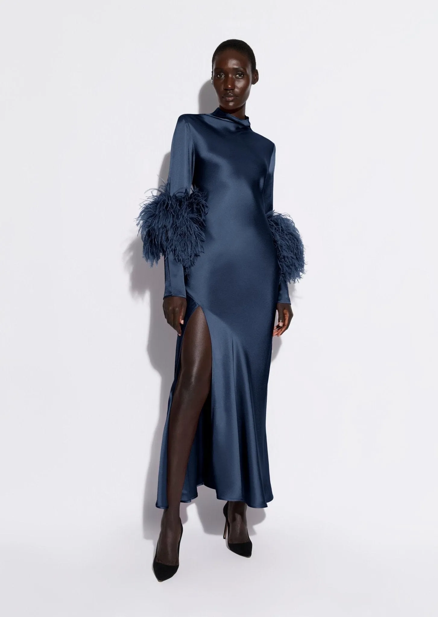 Satin Bias Feather Dress With Slit