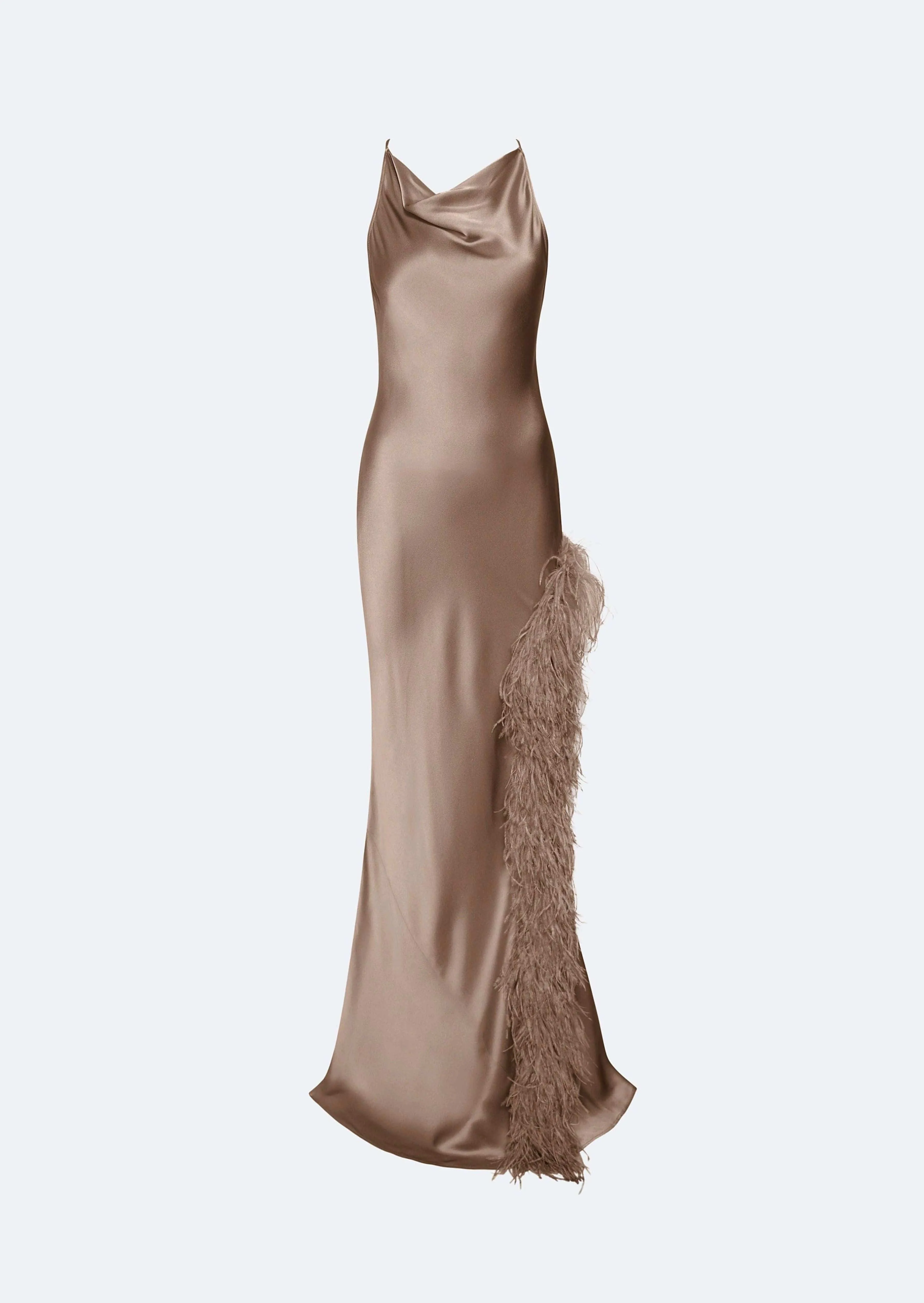 Satin Halter Gown With Feathers