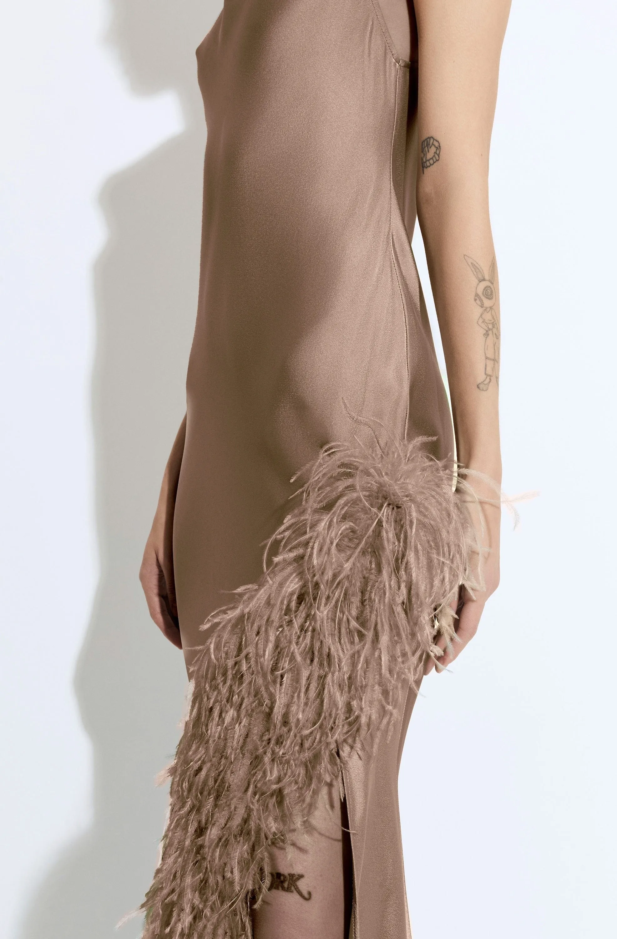 Satin Halter Gown With Feathers