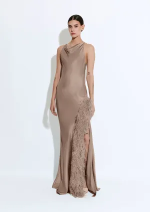 Satin Halter Gown With Feathers