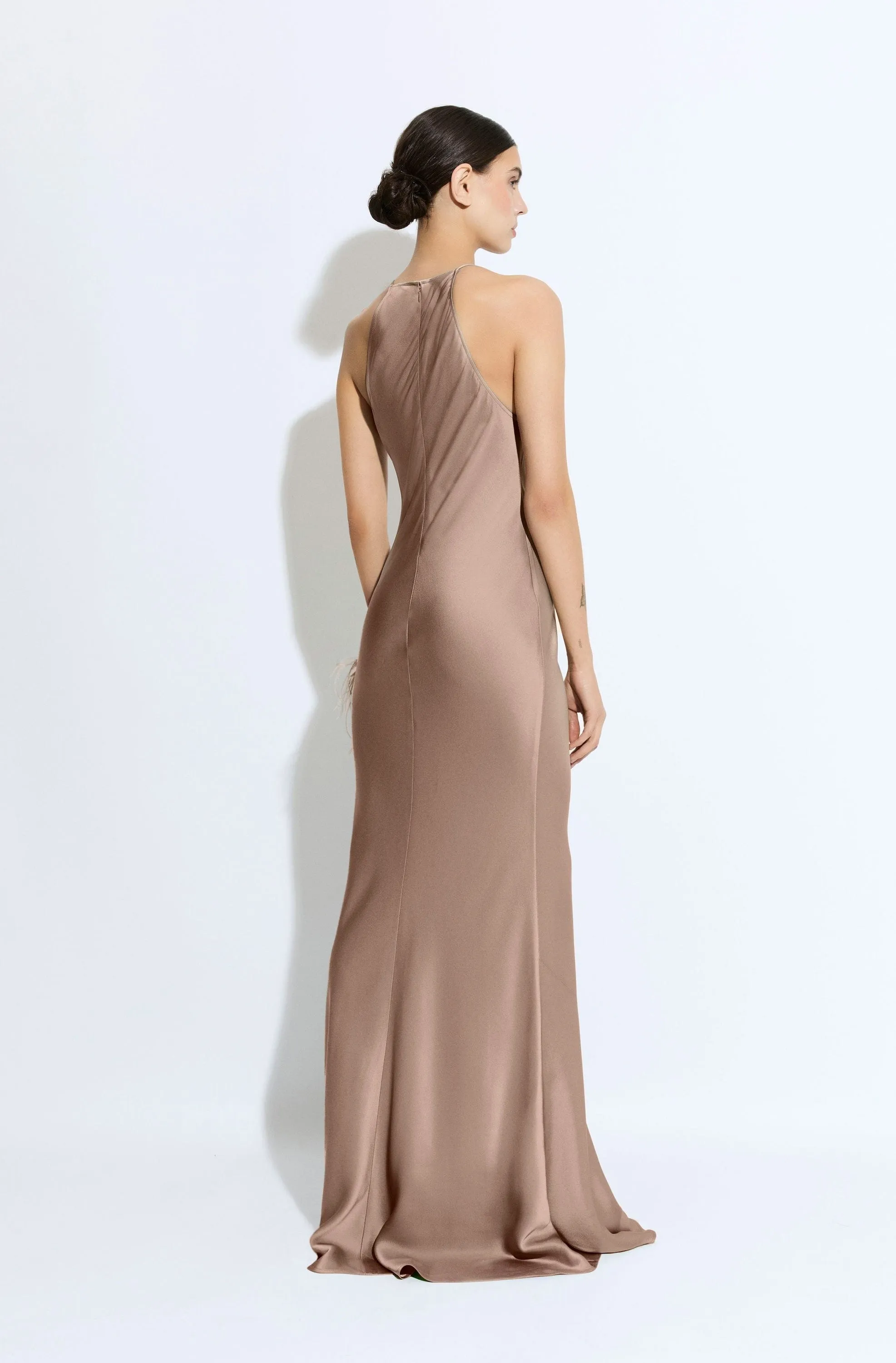 Satin Halter Gown With Feathers