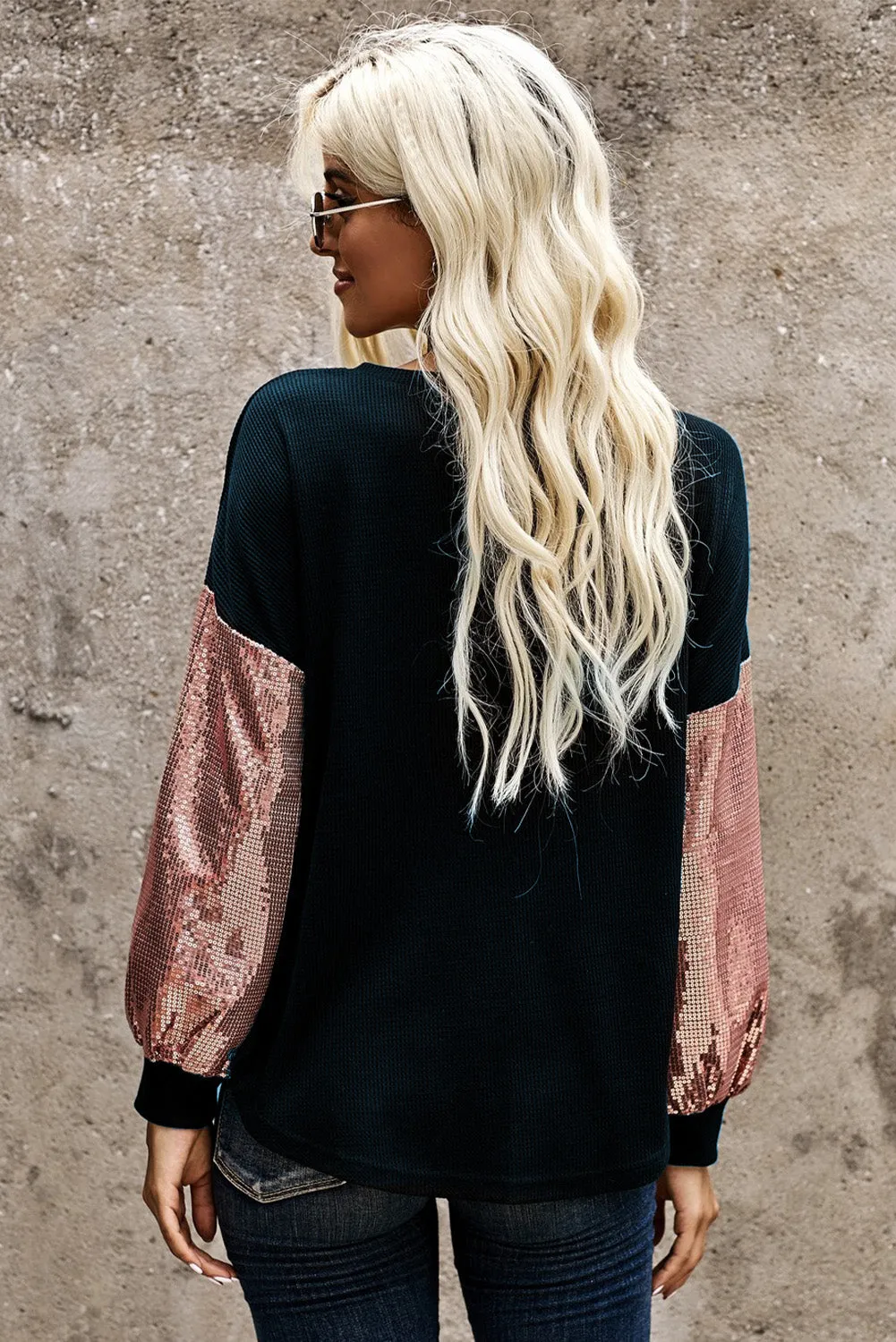 Sequin Splicing V Neck Bishop Sleeves Top