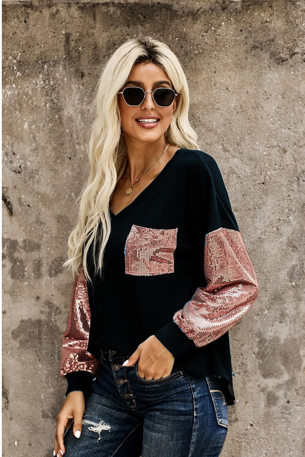 Sequin Splicing V Neck Bishop Sleeves Top
