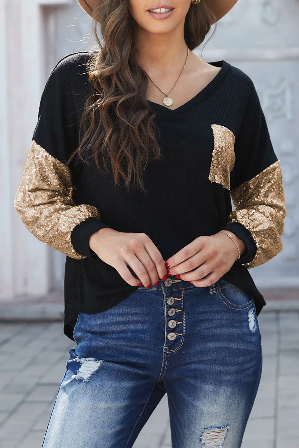Sequin Splicing V Neck Bishop Sleeves Top
