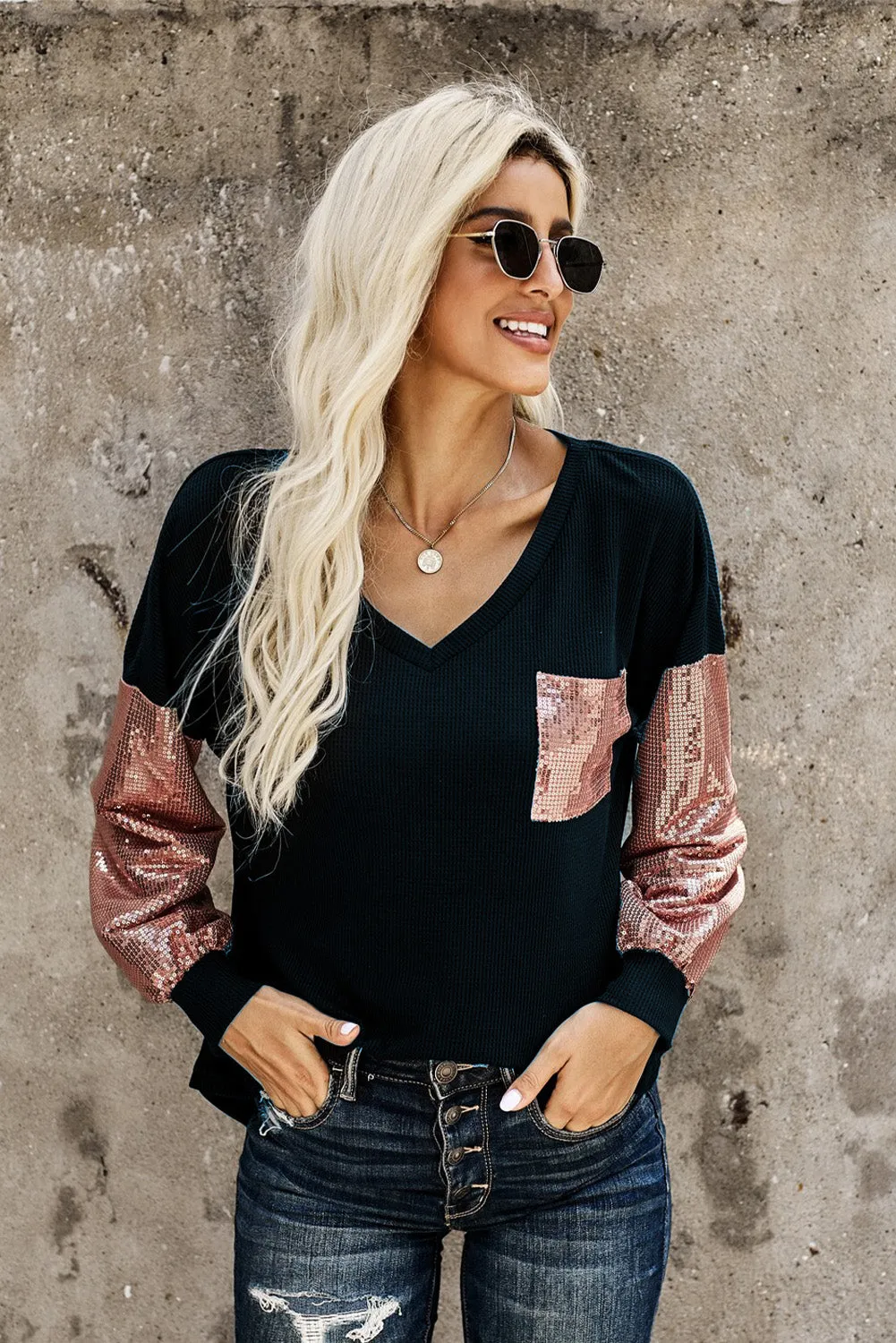 Sequin Splicing V Neck Bishop Sleeves Top