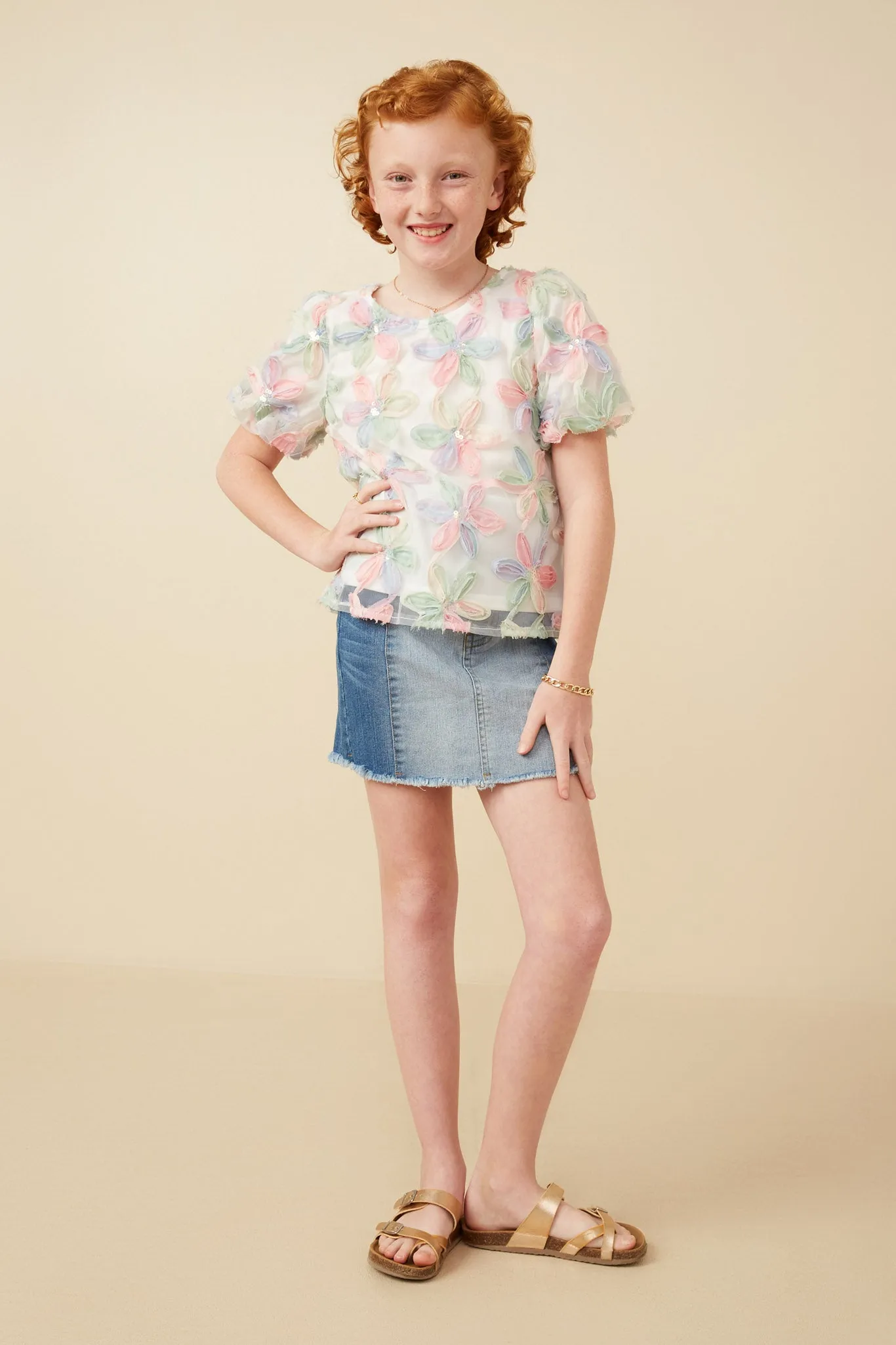 Sequined Floral Applique Bubble Sleeve Top