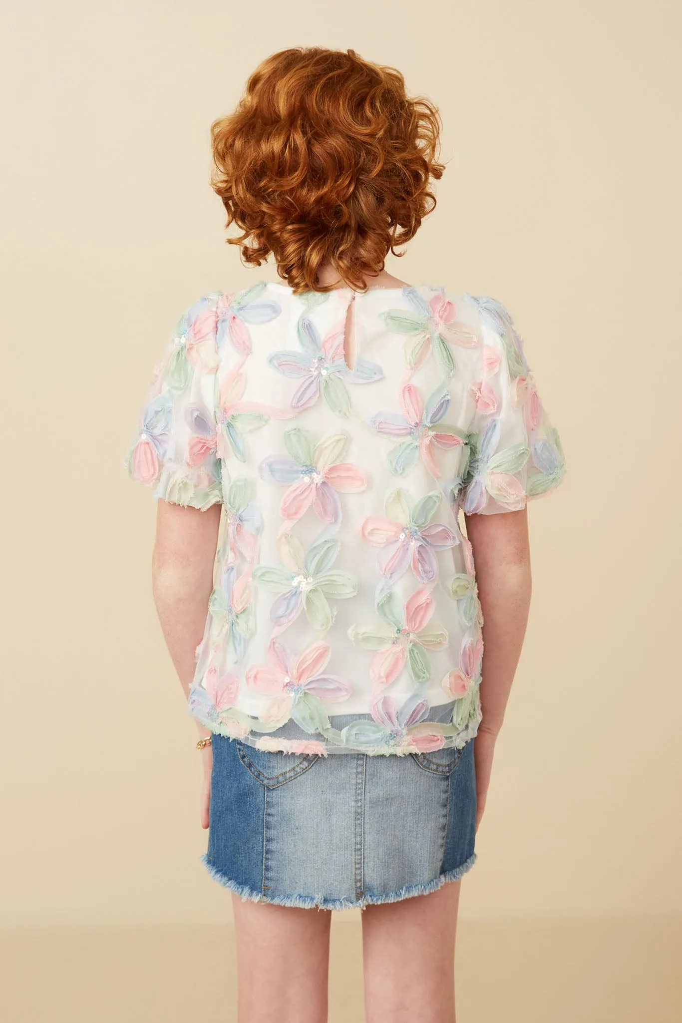 Sequined Floral Applique Bubble Sleeve Top