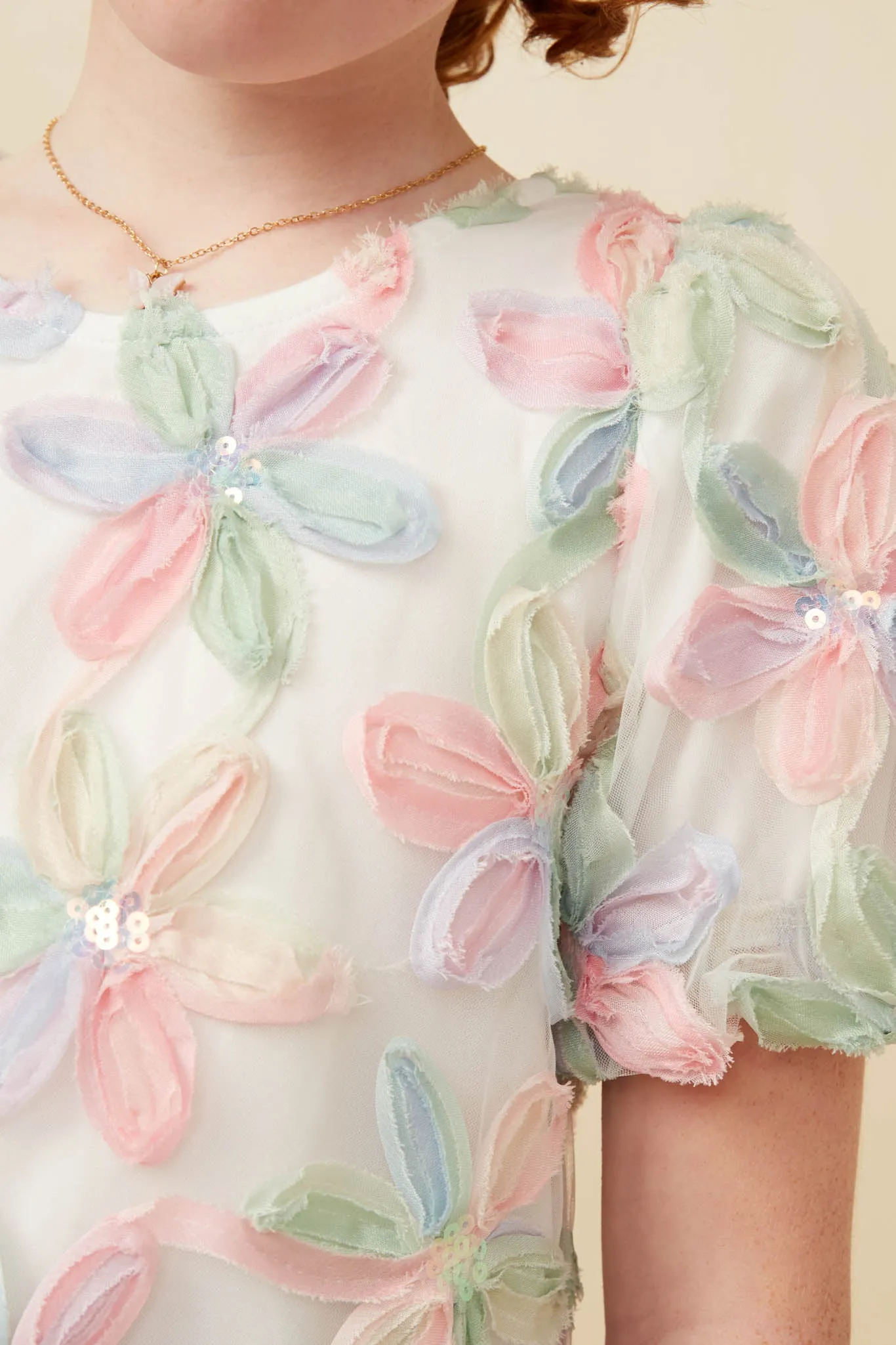 Sequined Floral Applique Bubble Sleeve Top