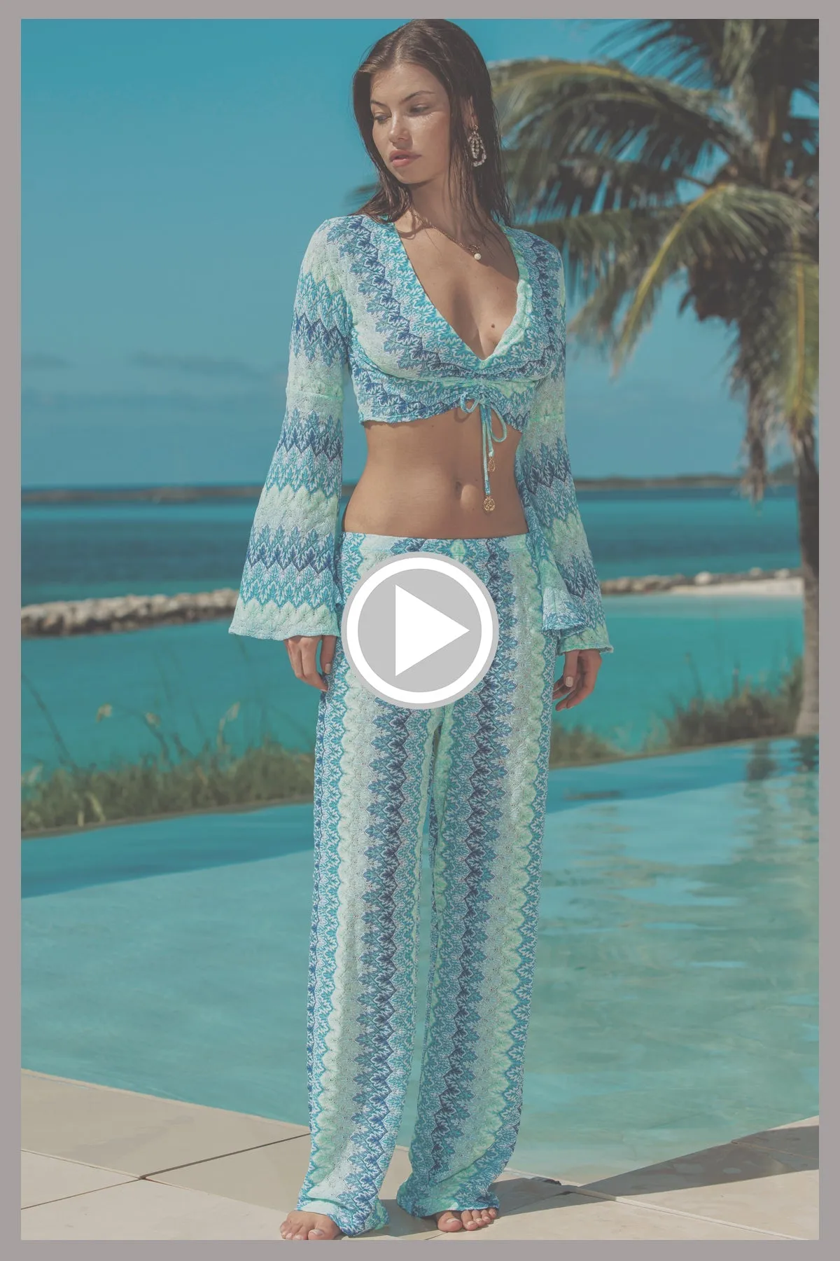 SEVEN SEAS - Bell Sleeve Scrunched Crop Top & Elastic Waistband Pant • Multi Blue