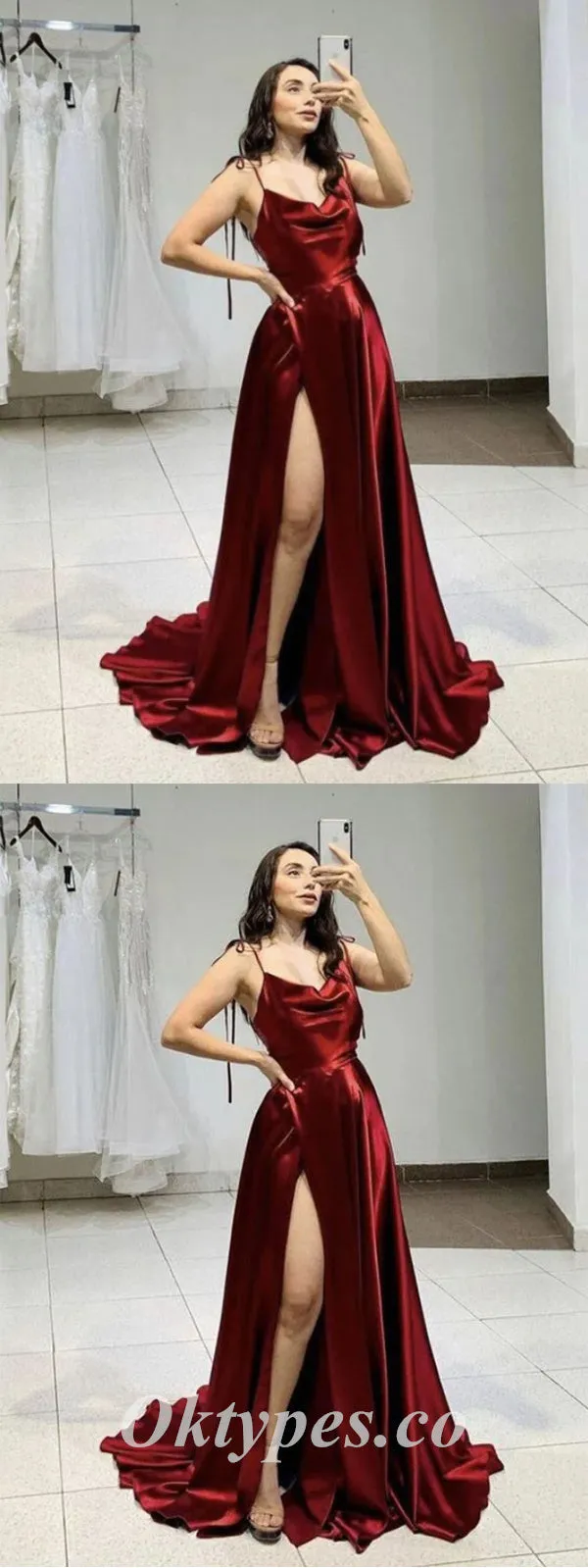 Sexy Burgandy Satin Spaghetti Sptraps Sleeveless Side Slit A-Line Long Prom Dresses,PDS0630