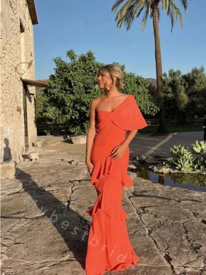 Sexy One Shoulder Ruffle Sleeveless Mermaid Long Prom Dress,PDS11510