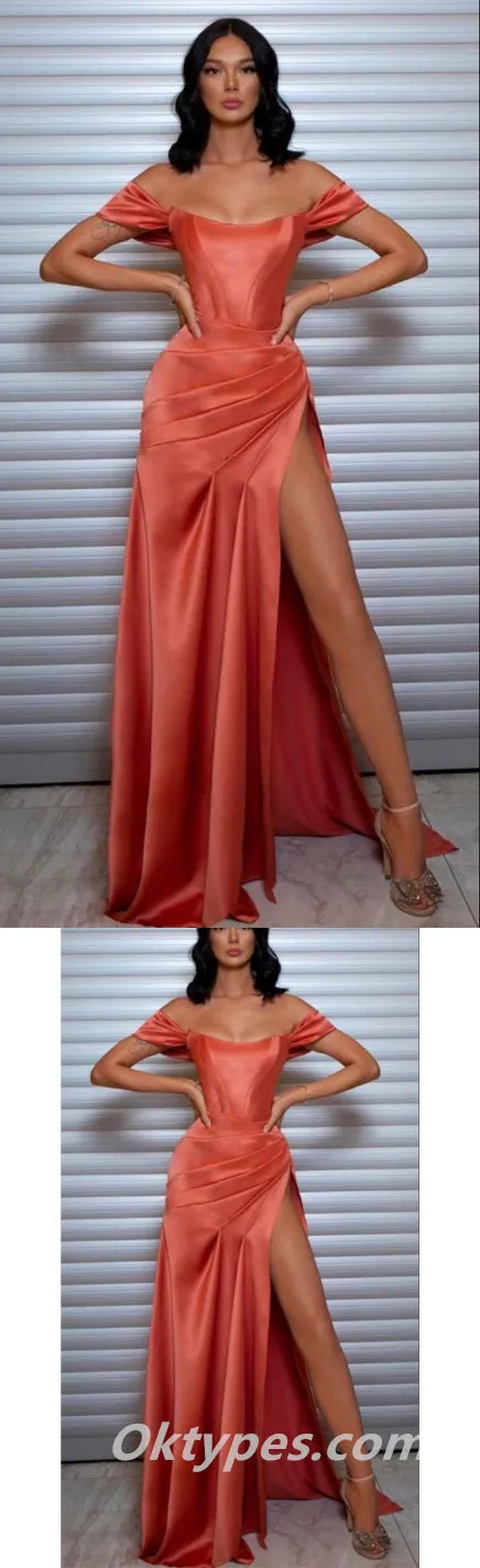 Sexy Satin Off Shoulder Sleeveless Mermaid Side Slit Long Floor Length Prom Dresses With Pleats,PDS0360