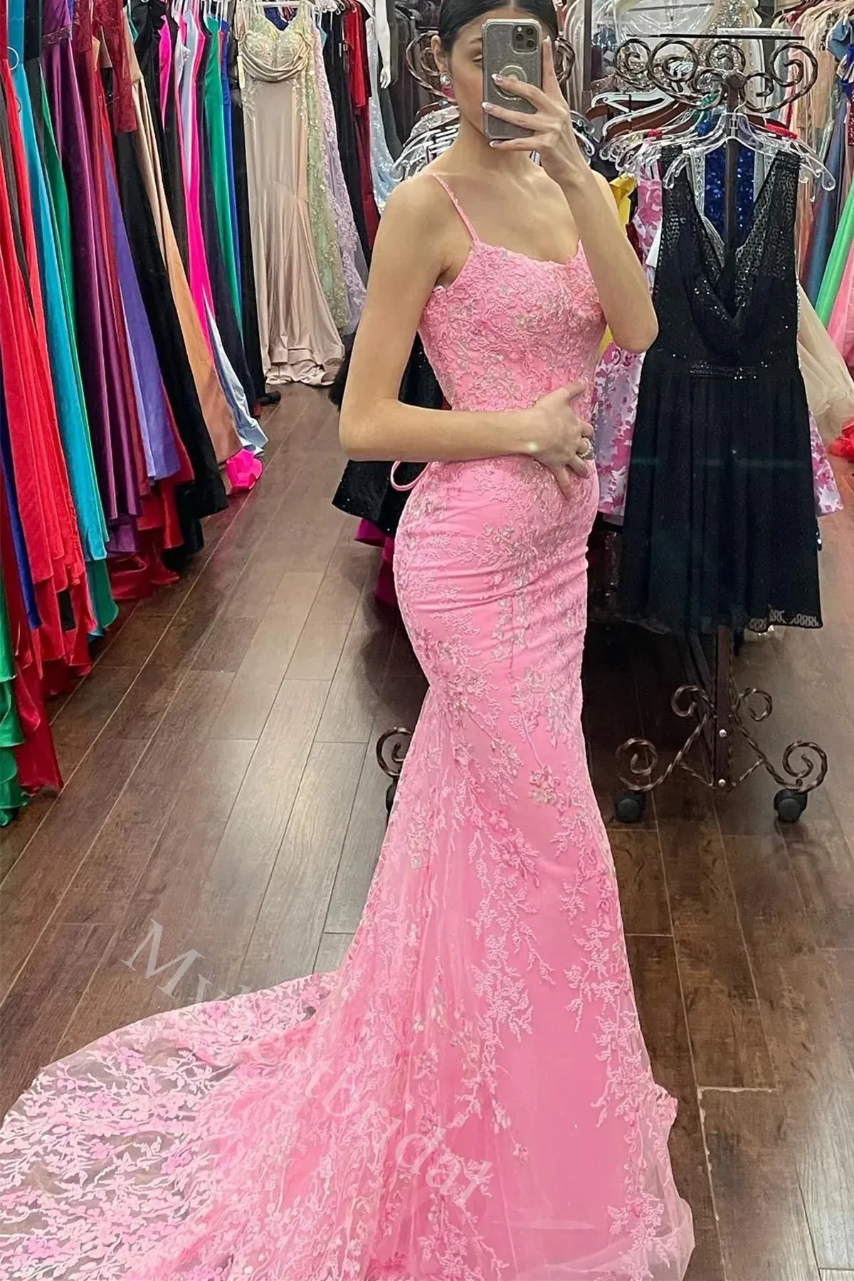 Sexy Spaghetti Straps Sleeveless Lace Applique Mermaid Long Prom Dress,PDS11566
