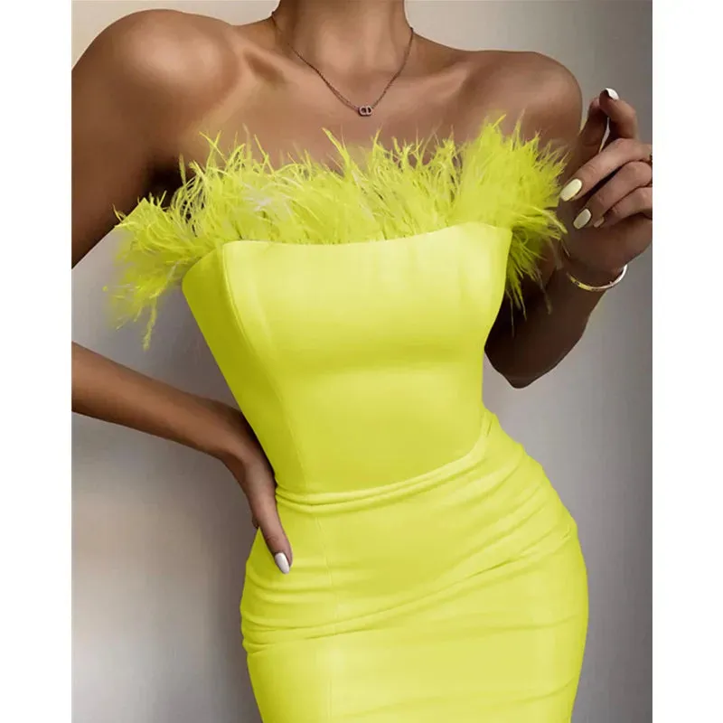 Sexy Strapless Backless Feather Midi Dress for Women Bodycon Bandage Dress Boutique Fashion Party Clubwear Dress