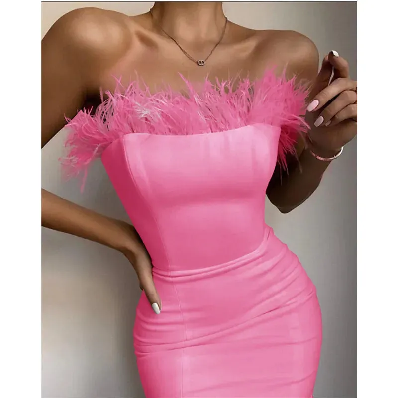 Sexy Strapless Backless Feather Midi Dress for Women Bodycon Bandage Dress Boutique Fashion Party Clubwear Dress