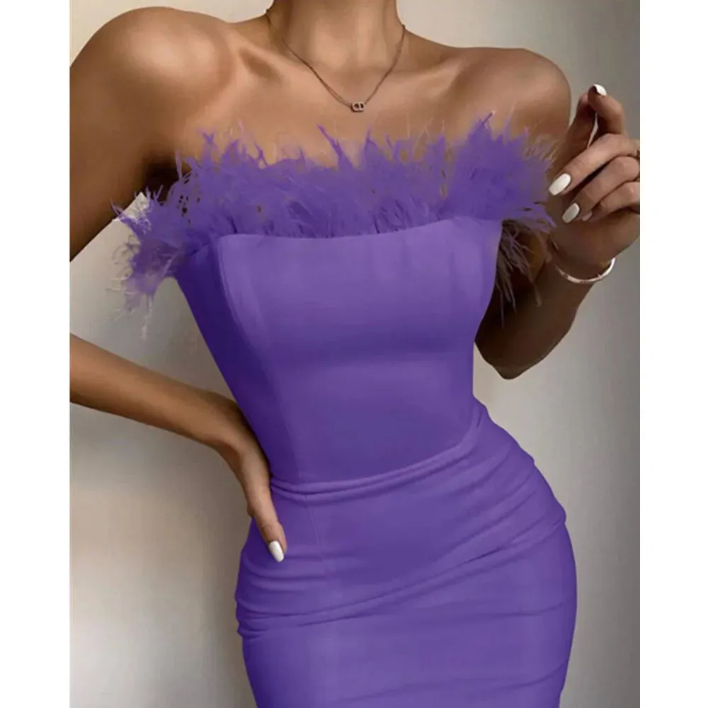 Sexy Strapless Backless Feather Midi Dress for Women Bodycon Bandage Dress Boutique Fashion Party Clubwear Dress