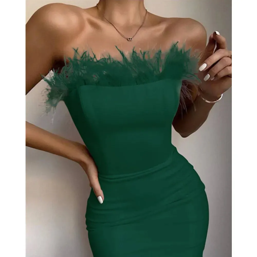 Sexy Strapless Backless Feather Midi Dress for Women Bodycon Bandage Dress Boutique Fashion Party Clubwear Dress