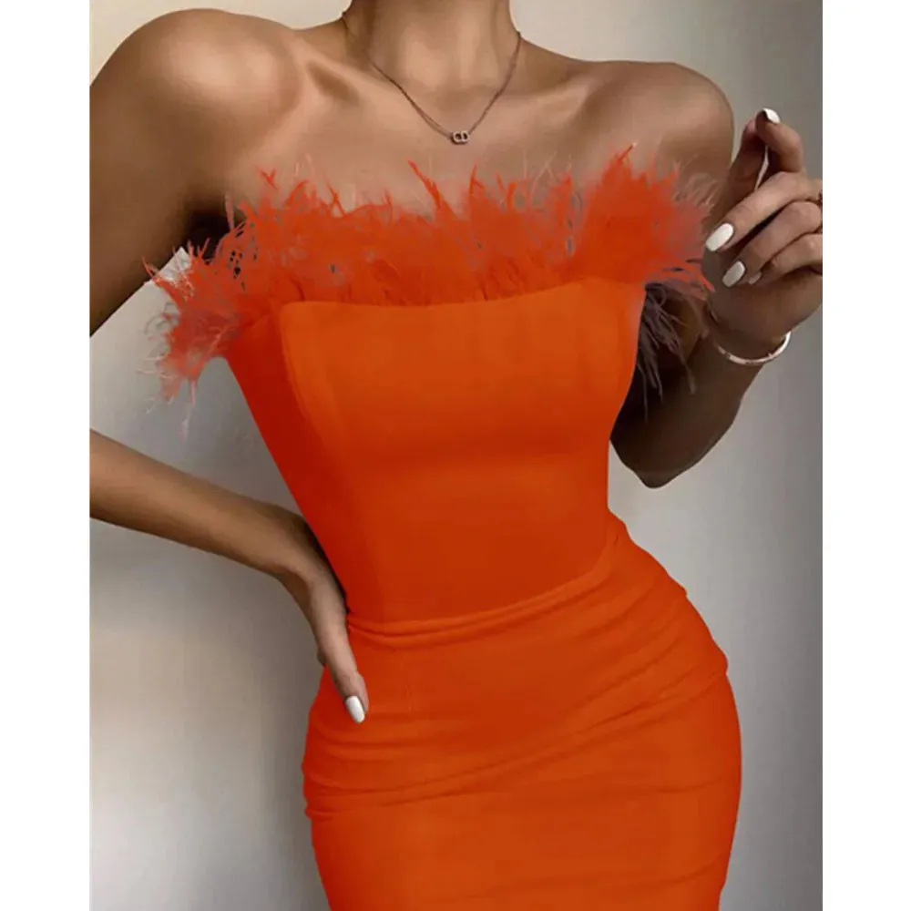 Sexy Strapless Backless Feather Midi Dress for Women Bodycon Bandage Dress Boutique Fashion Party Clubwear Dress