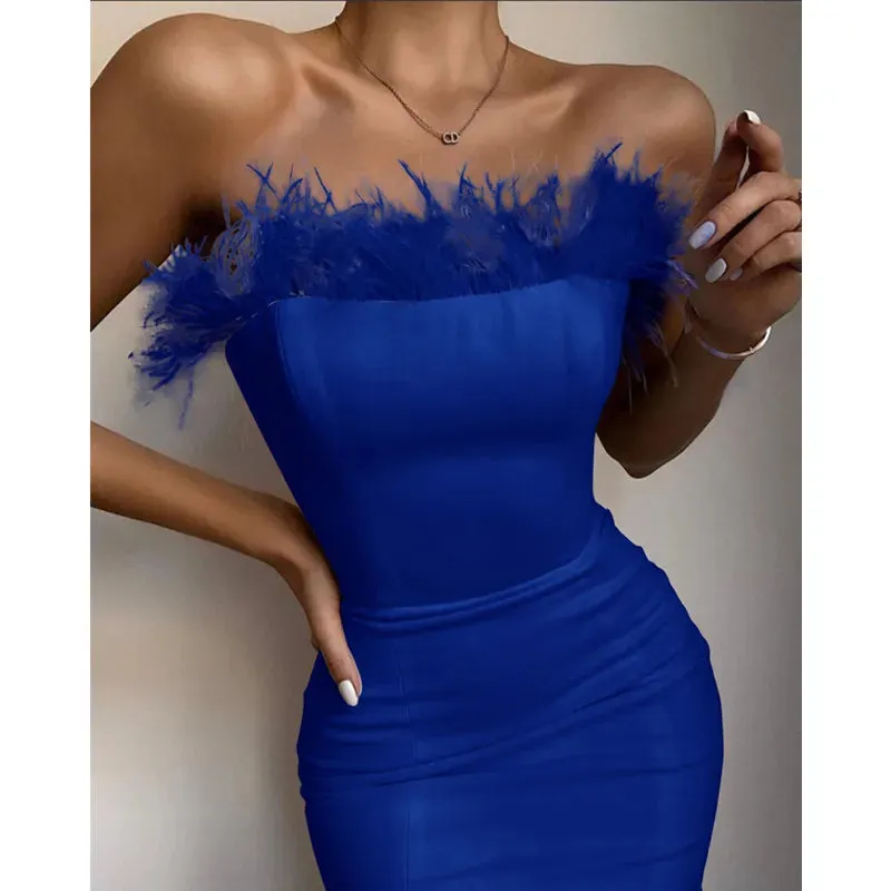 Sexy Strapless Backless Feather Midi Dress for Women Bodycon Bandage Dress Boutique Fashion Party Clubwear Dress