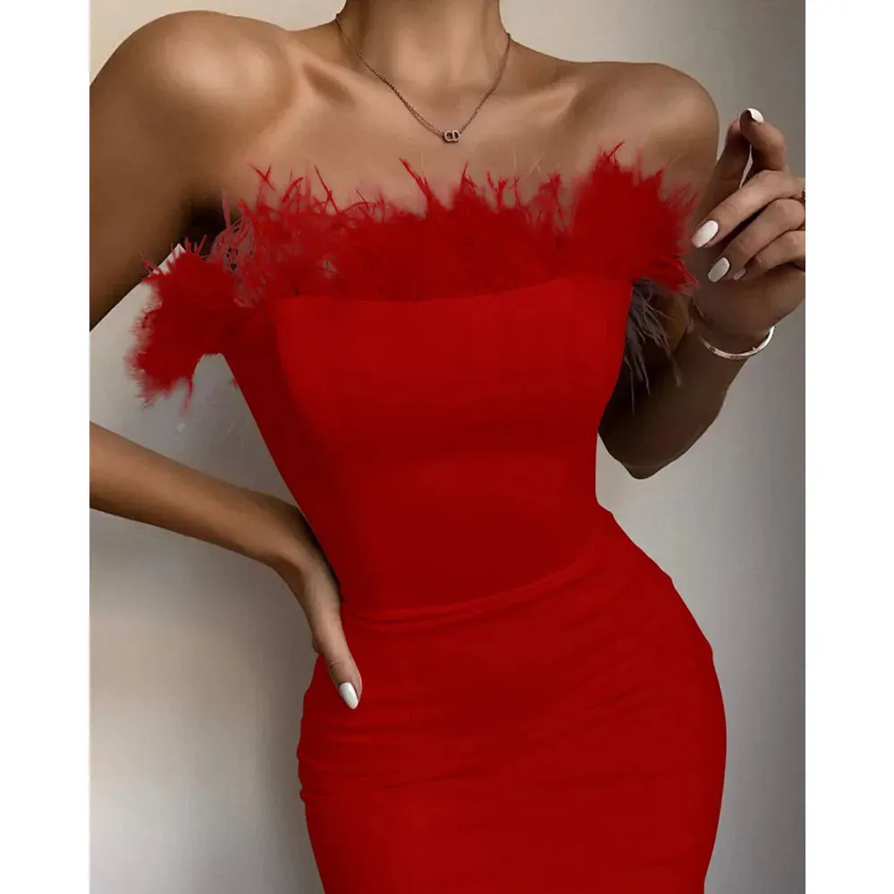 Sexy Strapless Backless Feather Midi Dress for Women Bodycon Bandage Dress Boutique Fashion Party Clubwear Dress