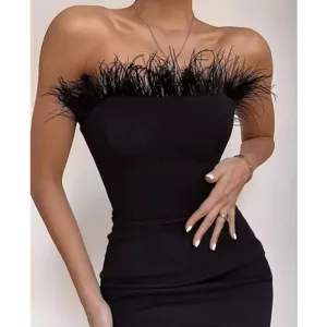 Sexy Strapless Backless Feather Midi Dress for Women Bodycon Bandage Dress Boutique Fashion Party Clubwear Dress