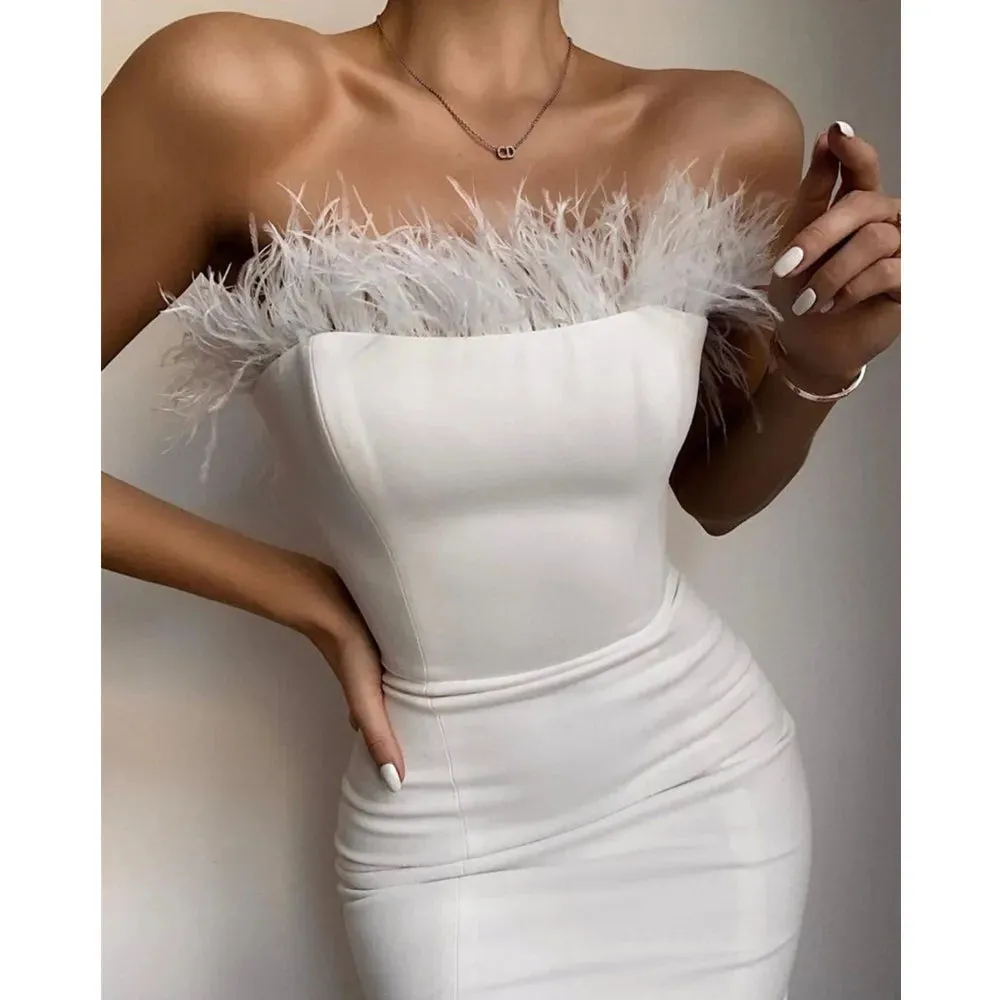 Sexy Strapless Backless Feather Midi Dress for Women Bodycon Bandage Dress Boutique Fashion Party Clubwear Dress