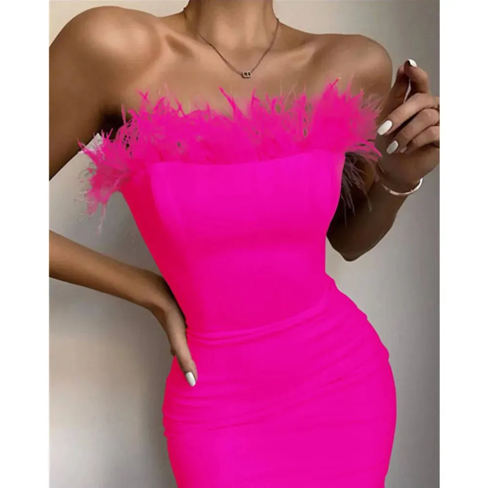 Sexy Strapless Backless Feather Midi Dress for Women Bodycon Bandage Dress Boutique Fashion Party Clubwear Dress