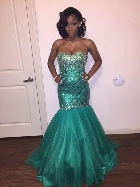 Sexy Strapless Turquoise Mermaid Evening Dresses 2018 Sparkly Sequined Prom Party Gowns with Beadings