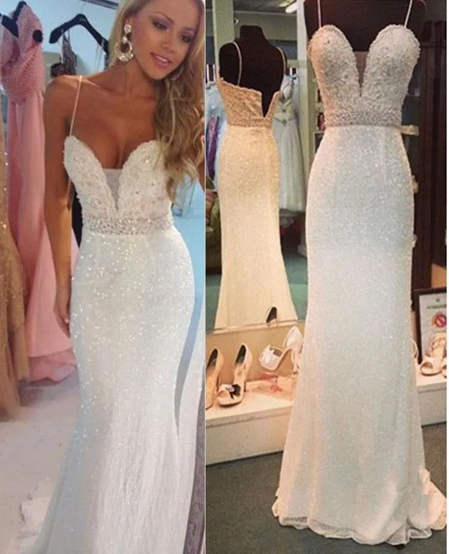 Sexy White Beaded Spaghetti Straps Mermaid Evening Party Dresses Sparkly Prom Gown