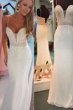 Sexy White Beaded Spaghetti Straps Mermaid Evening Party Dresses Sparkly Prom Gown