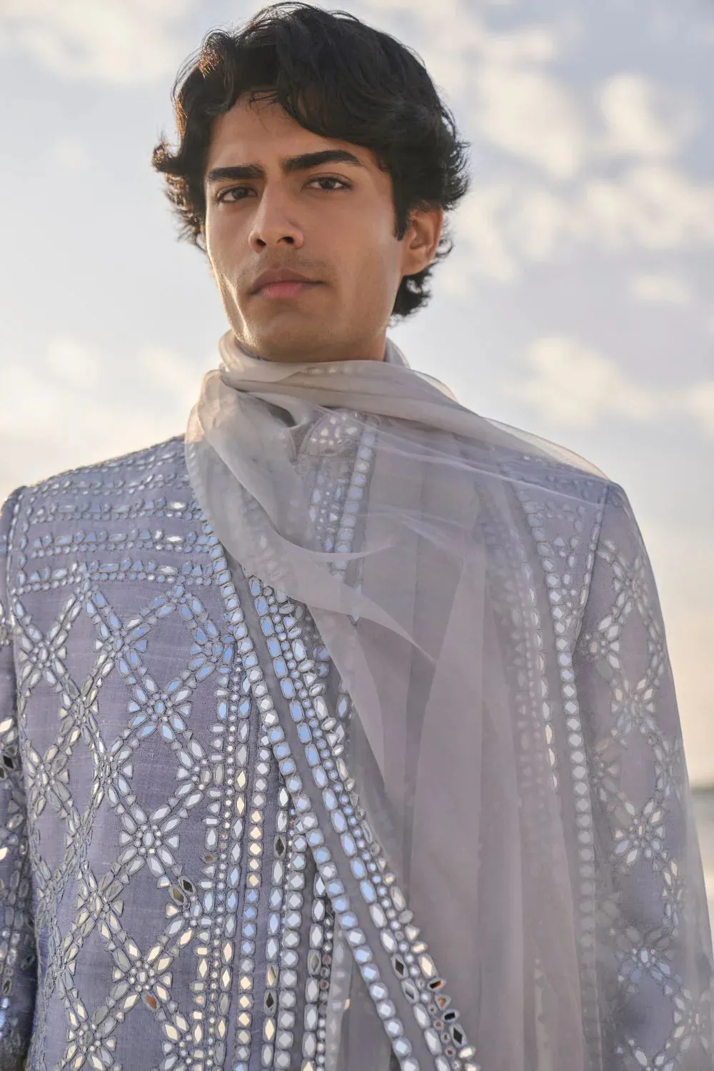 SG Metallic Grey Mirror Work Sherwani Set