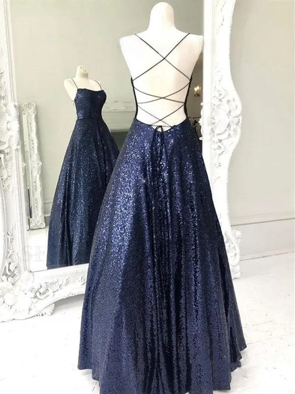 Shiny A Line Open Back Navy Blue Long Prom, Sparkly Backless Navy Blue Formal Evening