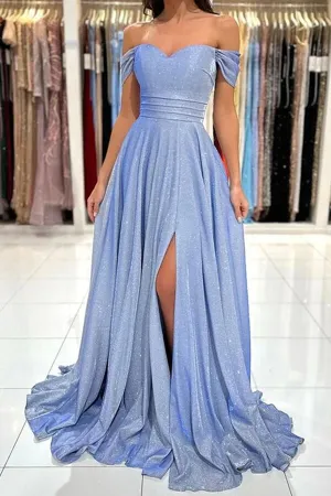 Shiny Blue A-line Off-the-Shoulder Long Prom Dresses, Evening Dresses, MP763