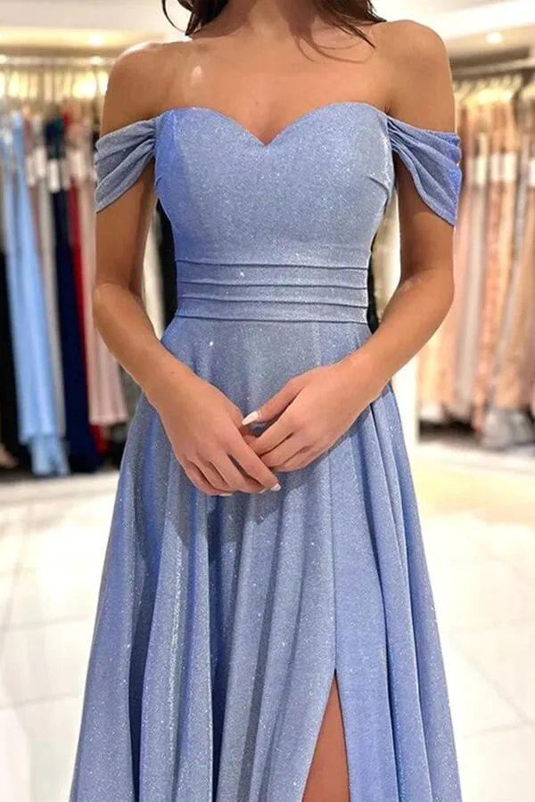 Shiny Blue A-line Off-the-Shoulder Long Prom Dresses, Evening Dresses, MP763