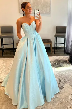 Shiny Blue A-line Sweetheart Neck Princess Prom Dresses With Pockets, MP884
