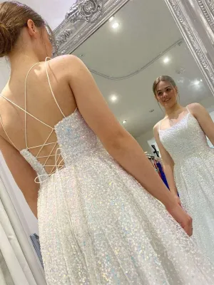 Shiny Sequins Open Back Ivory Long Prom Dresses, Sparkly Ivory Formal Graduation Evening Dresses