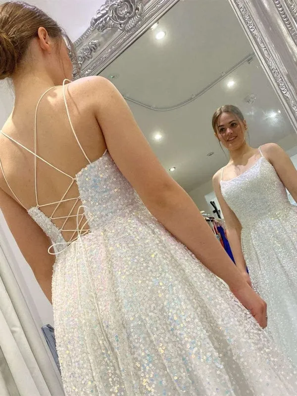 Shiny Sequins Open Back Ivory Long Prom Dresses, Sparkly Ivory Formal Graduation Evening Dresses