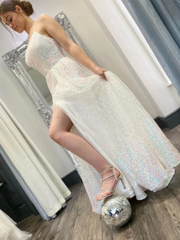Shiny Sequins Open Back Ivory Long Prom Dresses, Sparkly Ivory Formal Graduation Evening Dresses