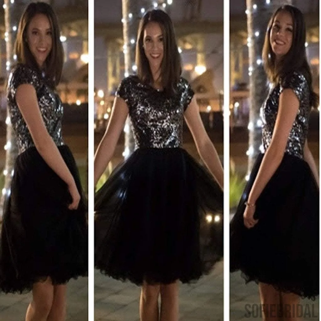 Short sleeve sequin sparkly black unique charming homecoming prom gown dress,BD0032