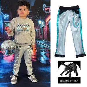Silver Pleather Kids PantsJoggers with straps ,unisex boys girls