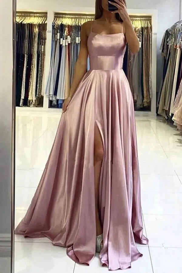 Simple Satin A-line Long Prom Dresses With Side Split, Evening Dresses, MP639
