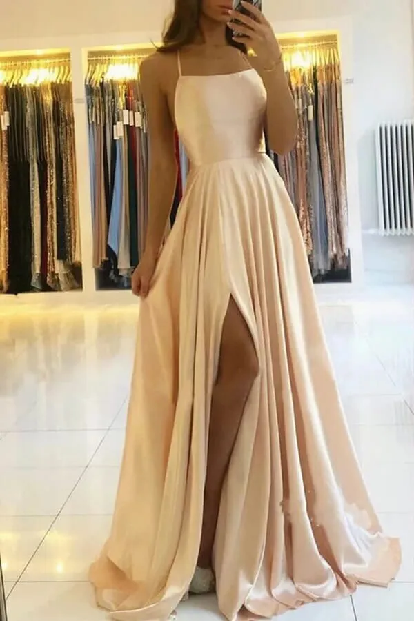 Simple Satin A-line Long Prom Dresses With Side Split, Evening Dresses, MP639